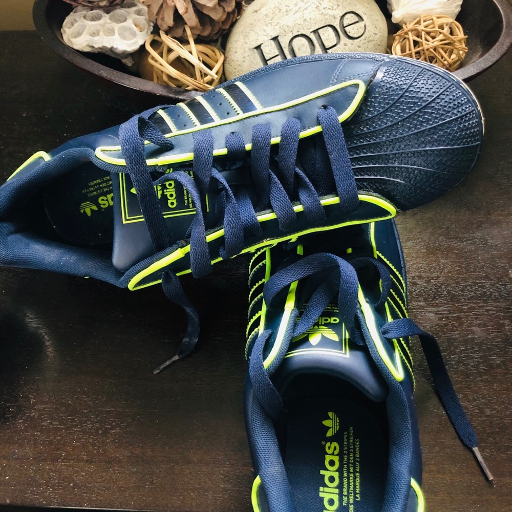 Men’s blue and bright green - Shell toe Adidas